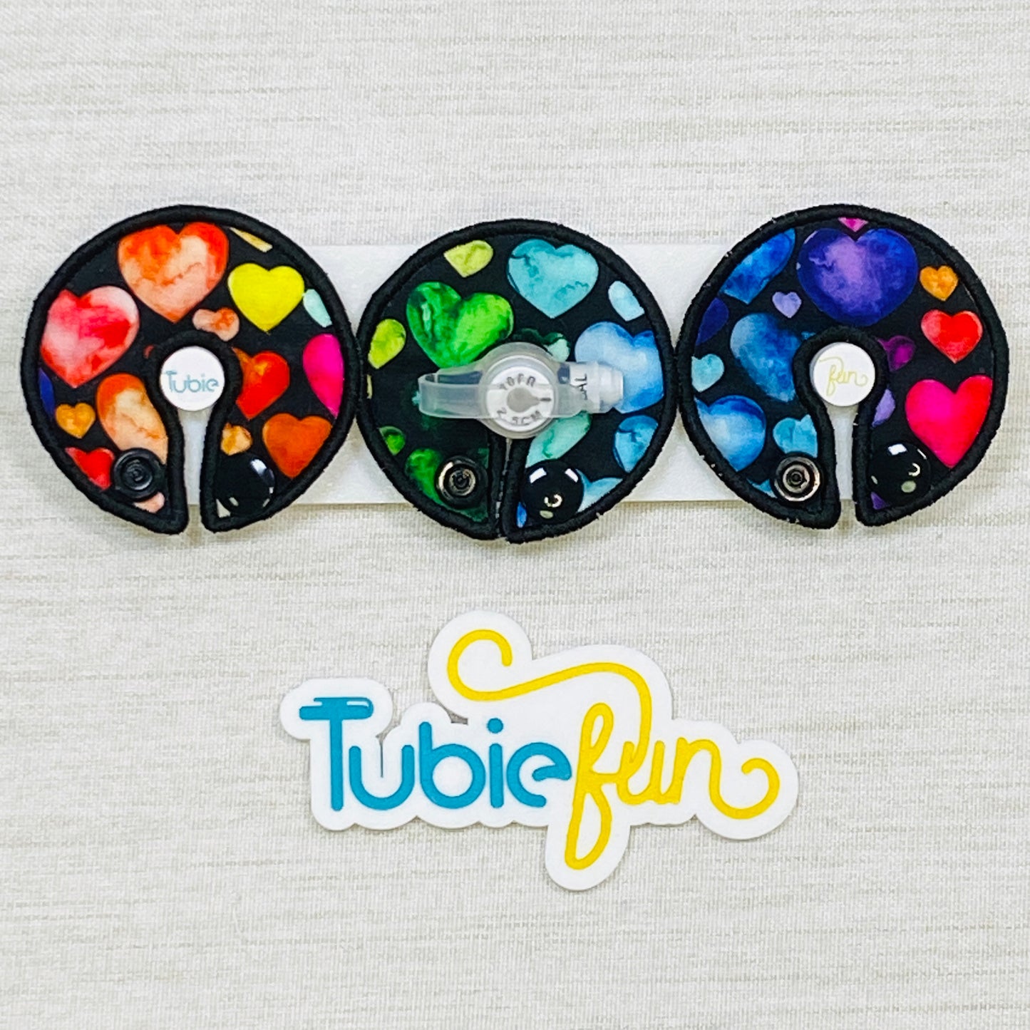 G-Tube Button Pad Cover - Coloured Hearts on Black