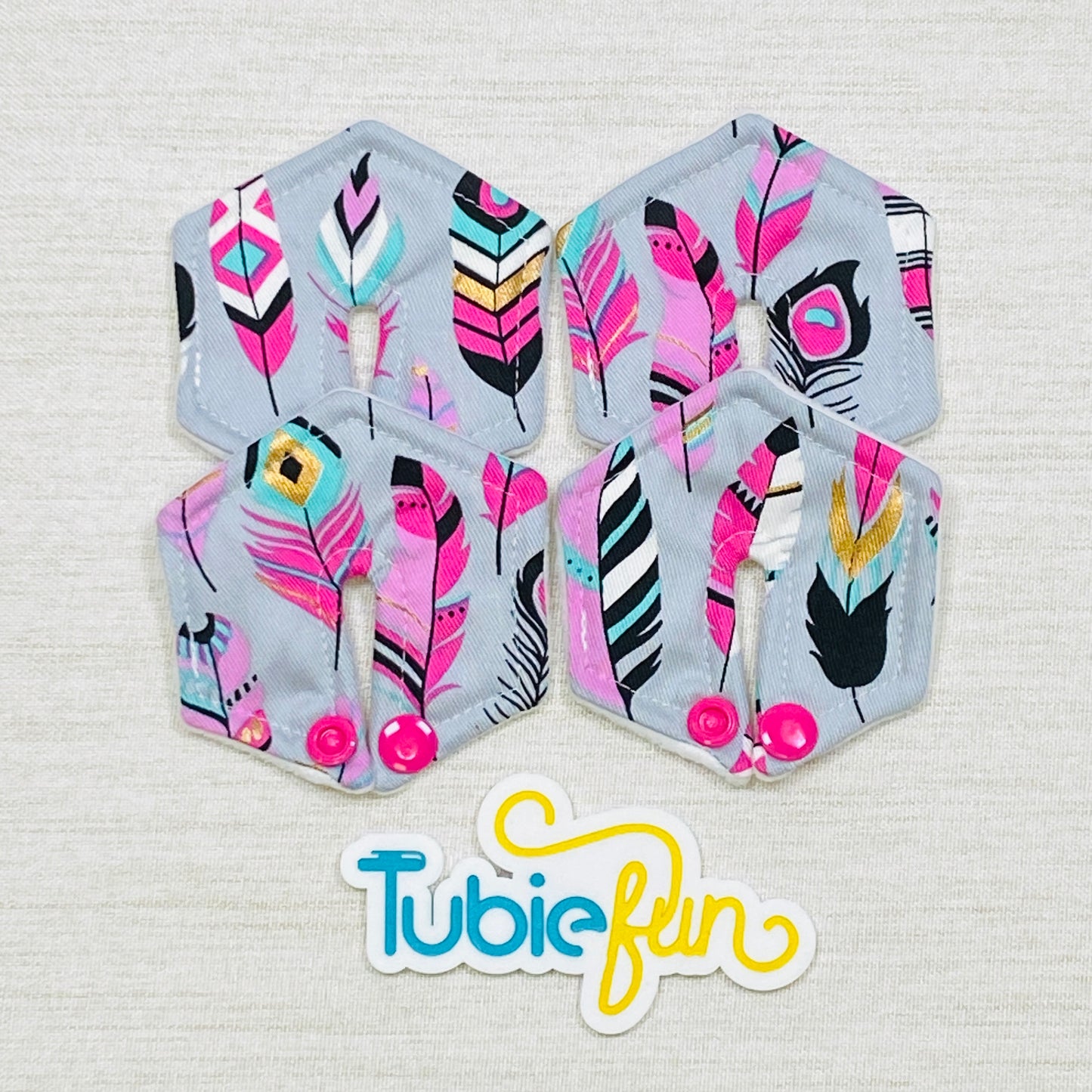 Hexagon G-Tube Button Pad Cover - Pink Feathers