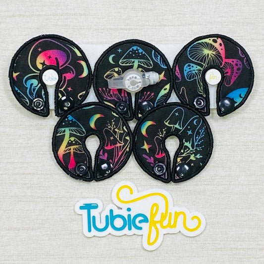 G-Tube Button Pad Cover - Coloured Mushrooms on Black