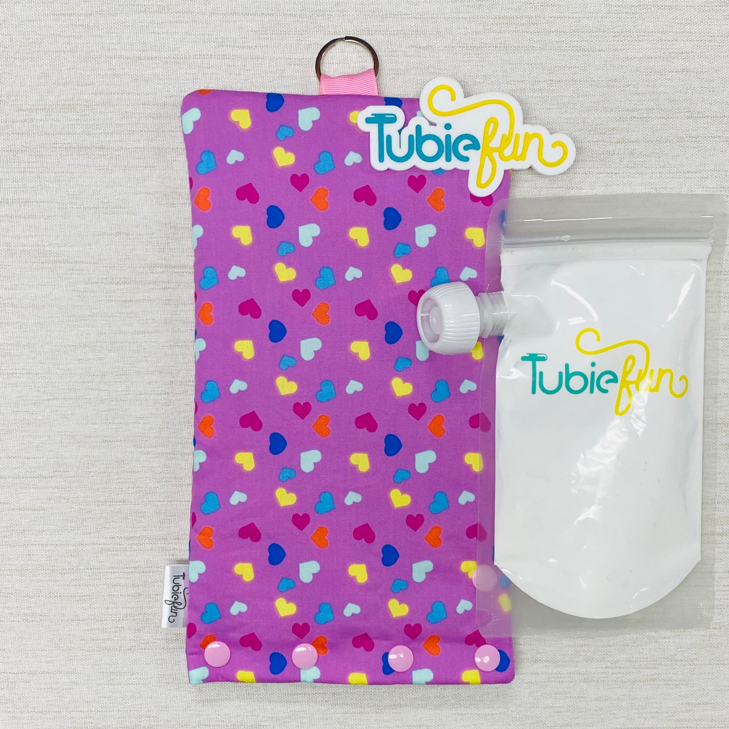 Insulated Milk Bag Suitable for Tubie Fun Reusable Pouches - Coloured Hearts on Pink