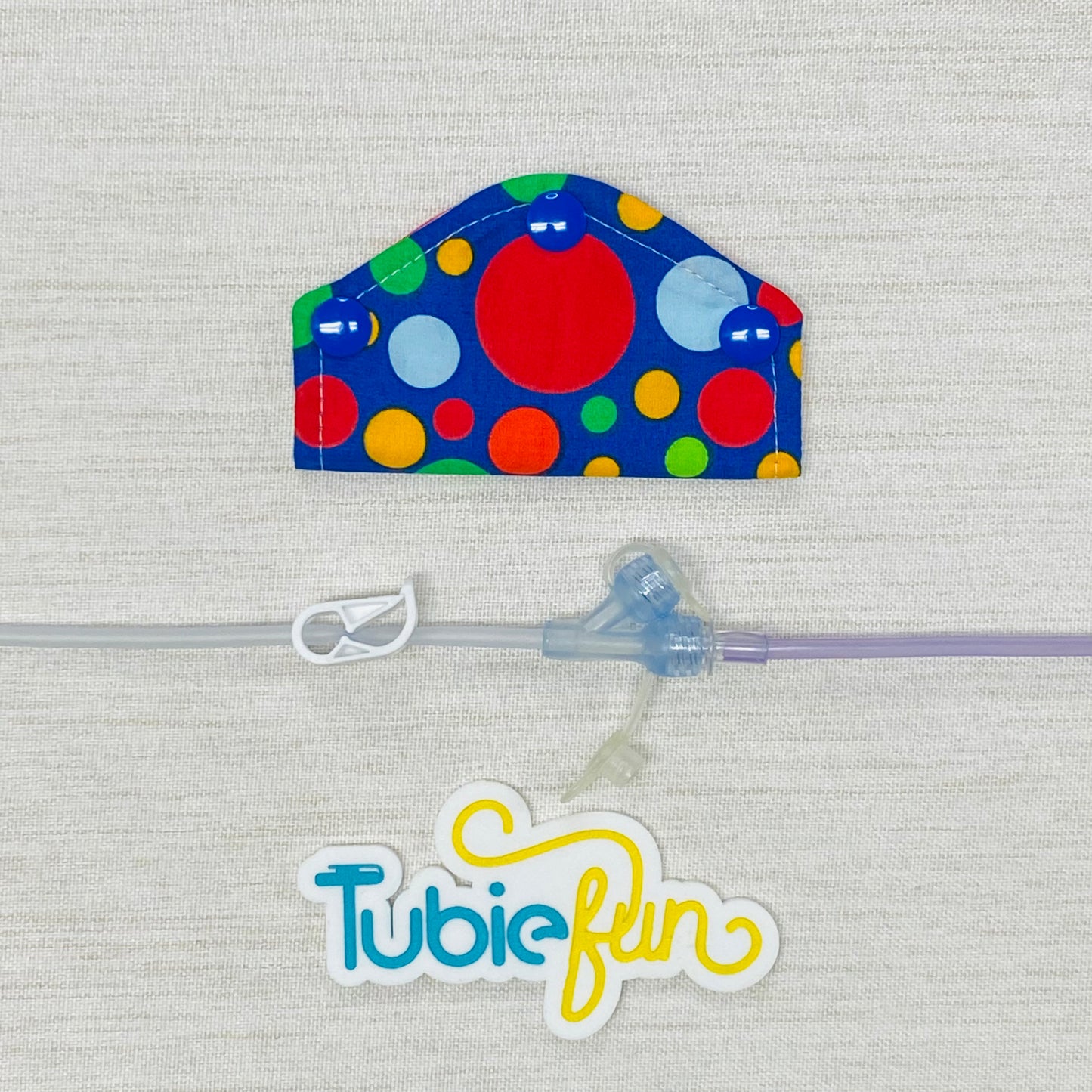 Feeding Tube Mini Connection Cover - Coloured Dots on Blue