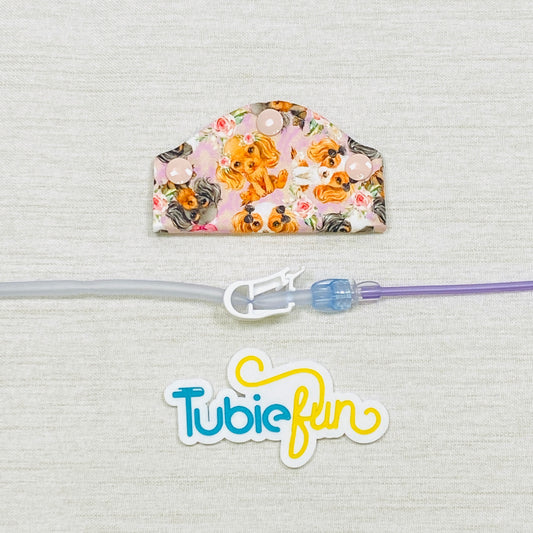 Feeding Tube Mini Connection Cover - Dogs and Flowers on Pink