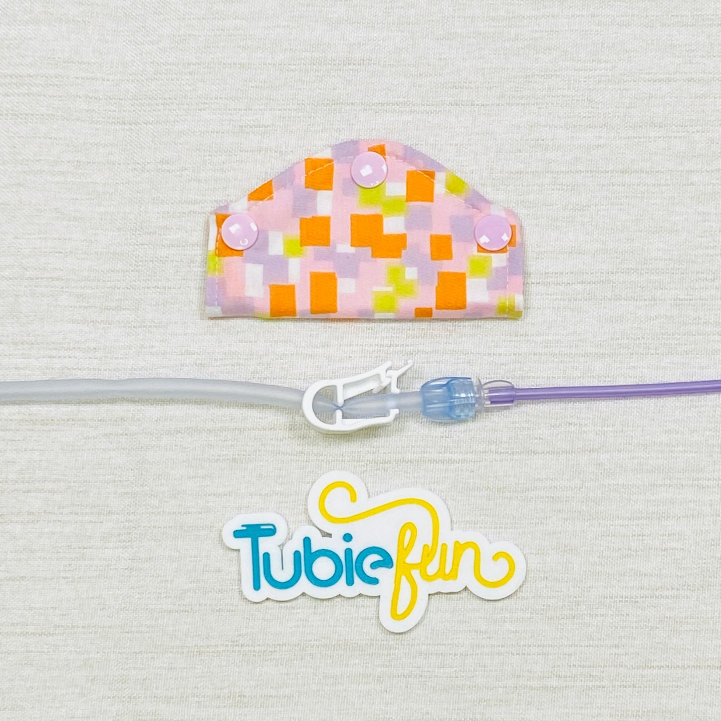 Feeding Tube Mini Connection Cover - Pink and Orange Squares