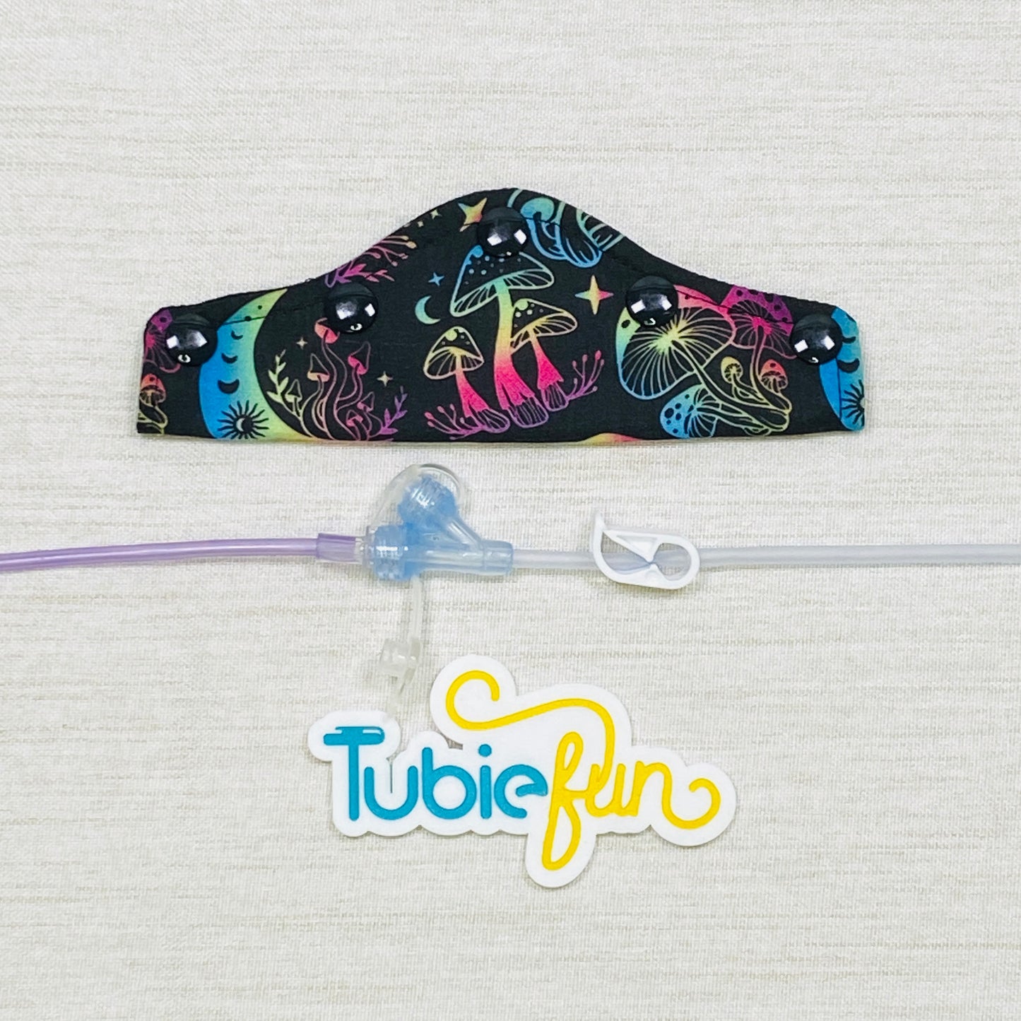 Feeding Tube Connection Cover - Coloured Mushrooms on Black