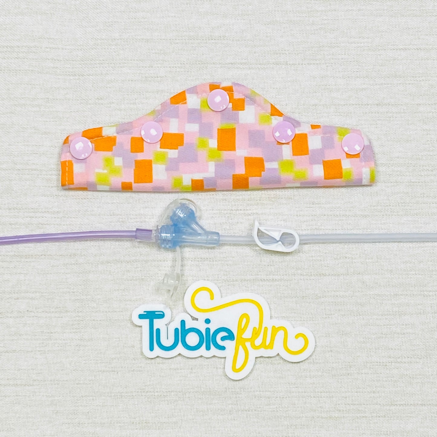 Feeding Tube Connection Cover - Pink and Orange Squares