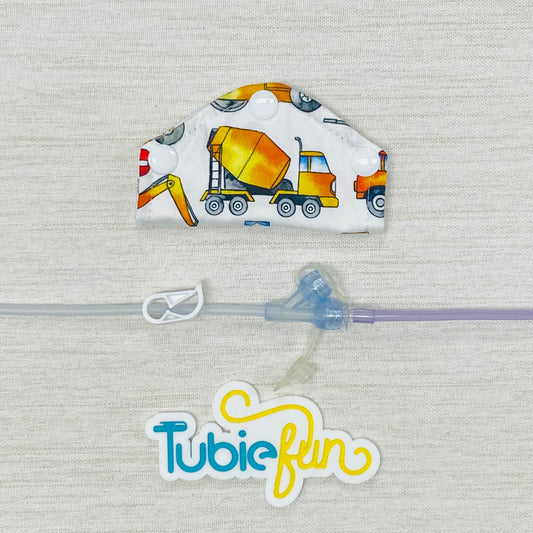 Feeding Tube Mini Connection Cover - Construction Vehicles on White