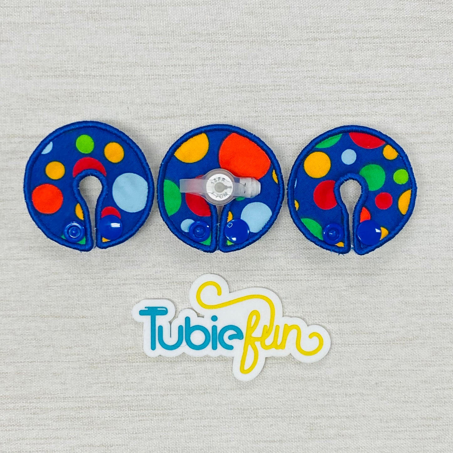 G-Tube Button Pad Cover - Coloured Dots on Blue