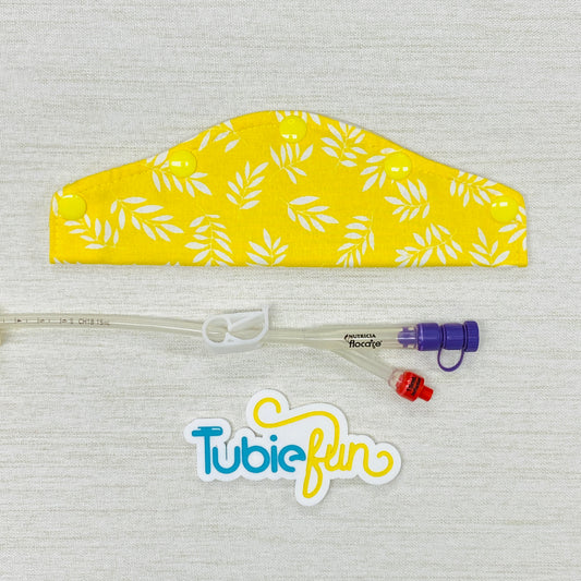 Large Feeding Tube Connection Cover - White leaves on Yellow