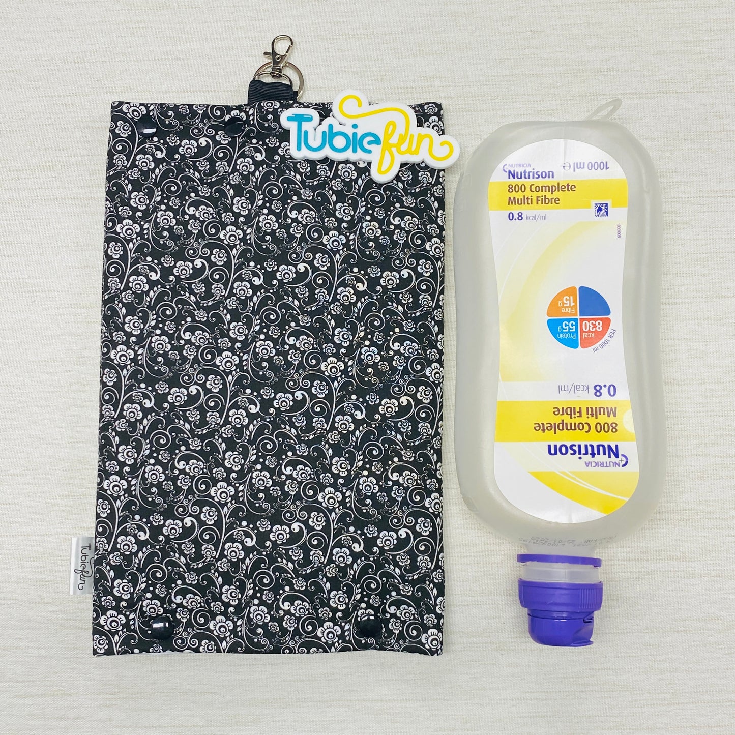 Insulated Milk Bag Suitable for 1L Flocare Bottle - White Flowers on Black