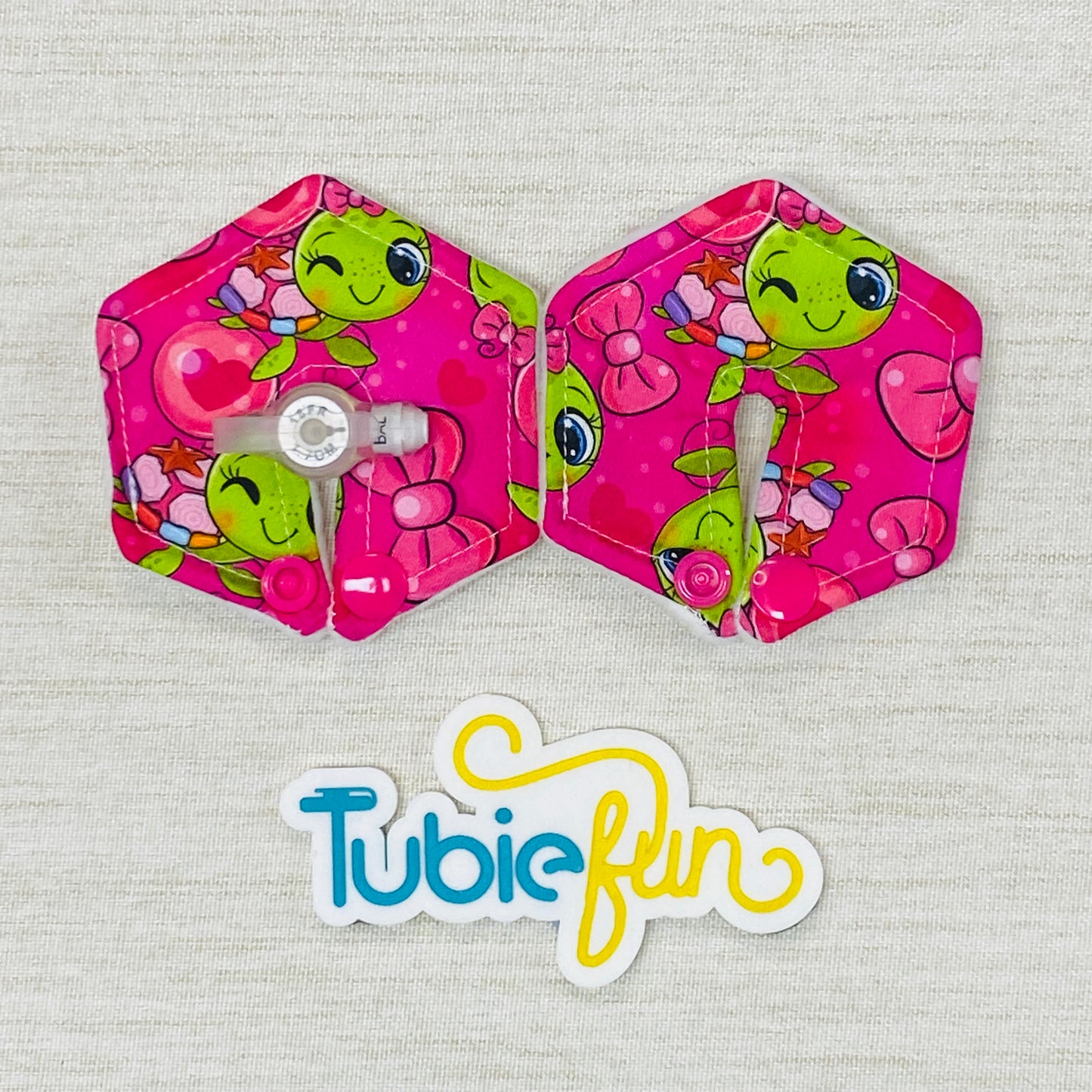 Hexagon G-Tube Button Pad Cover - Turtles on Pink