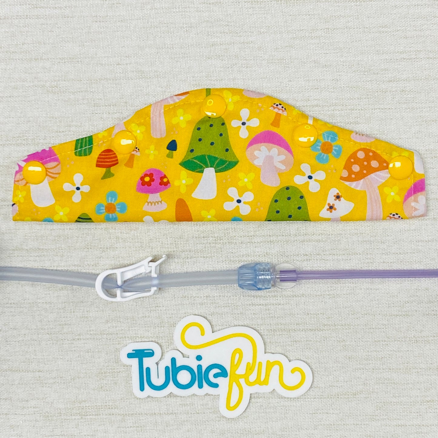 Large Feeding Tube Connection Cover - Mushrooms on Yellow