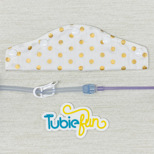 Large Feeding Tube Connection Cover - Gold Dots on White