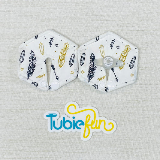 Hexagon G-Tube Button Pad Cover - Gold and Black Feathers