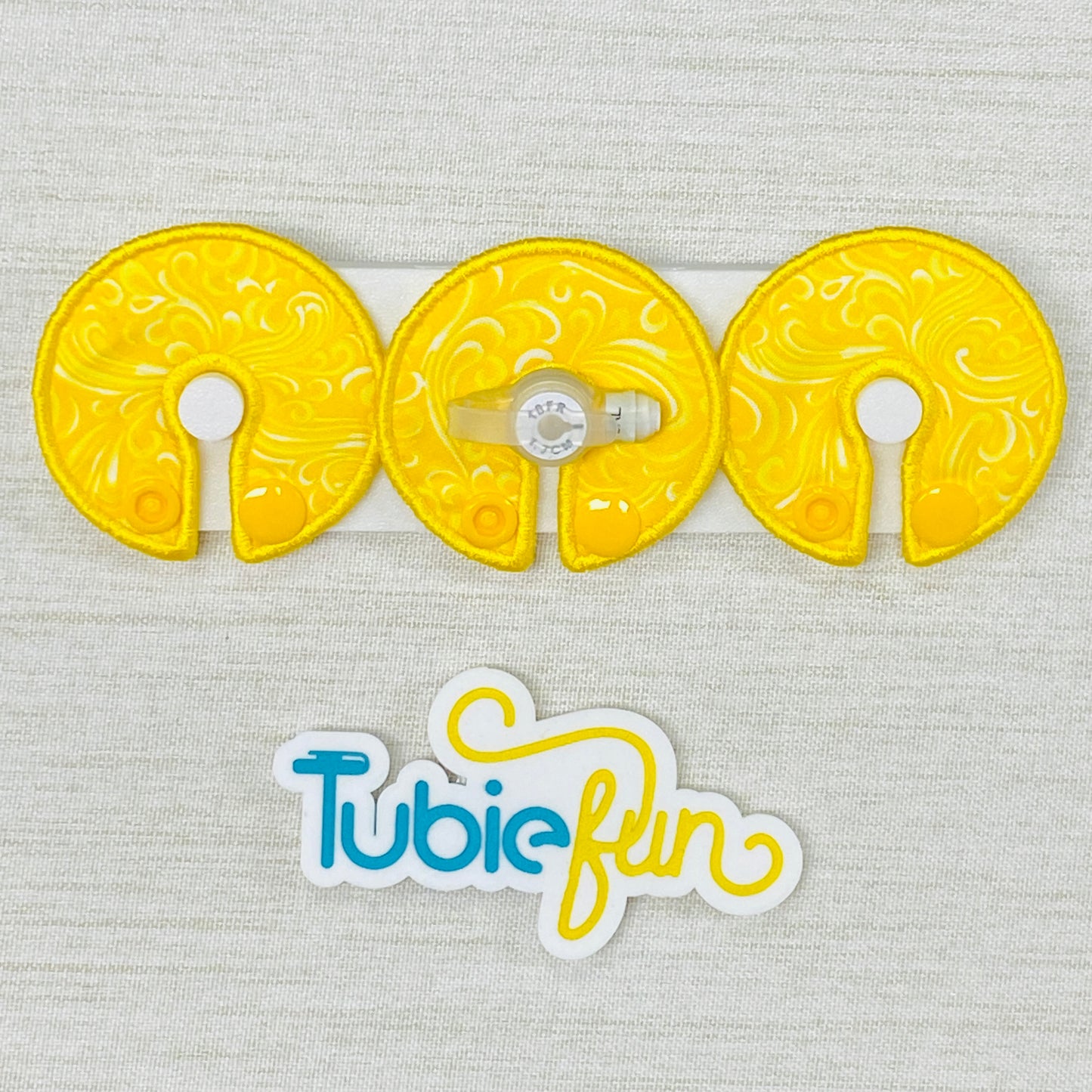 G-Tube Button Pad Cover - White Swirls on Yellow