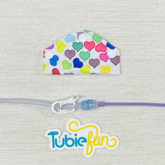 Feeding Tube Mini Connection Cover - Coloured Hearts on White