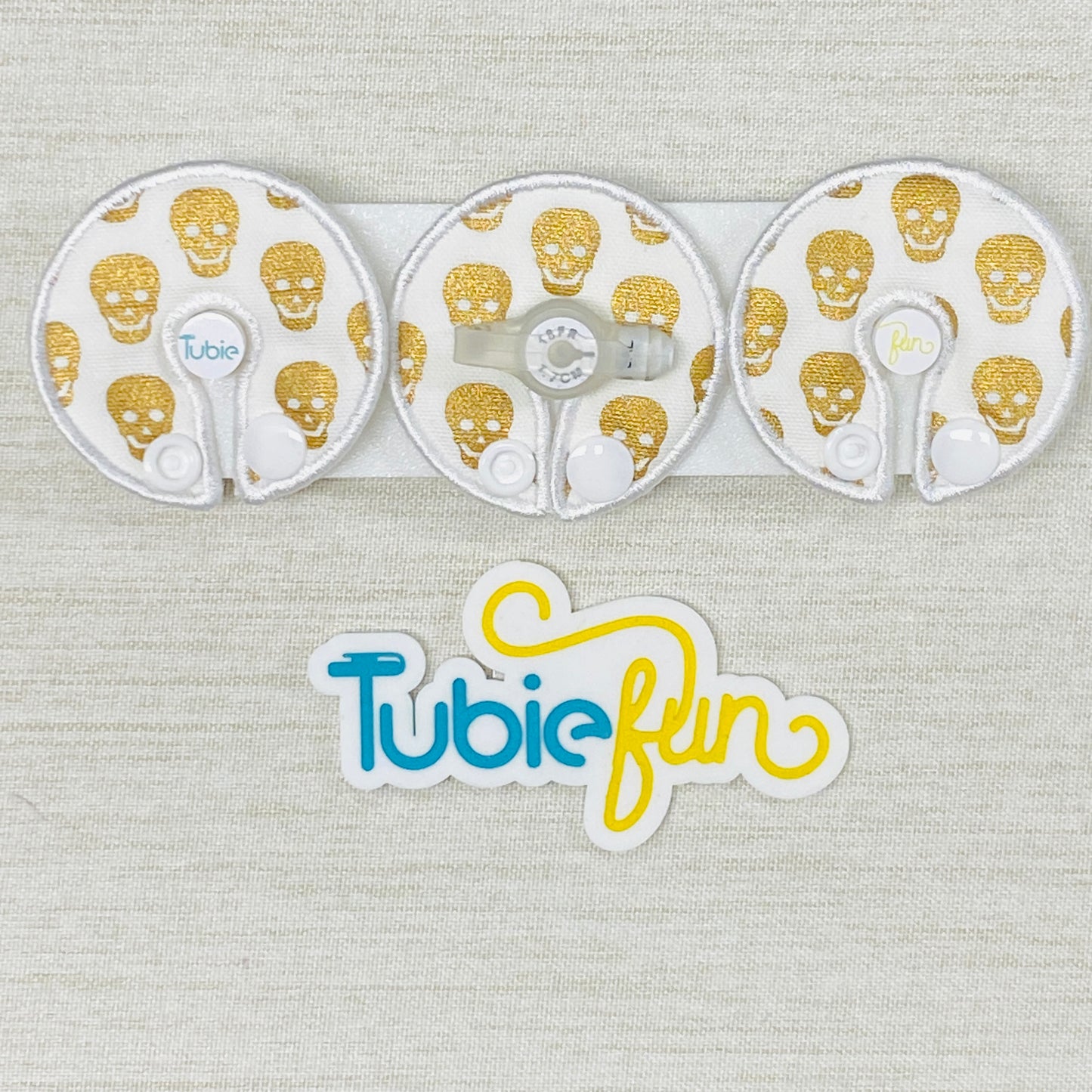 G-Tube Button Pad Cover - Gold Skulls on White