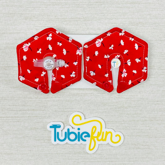 Hexagon G-Tube Button Pad Cover - Flowers on Red