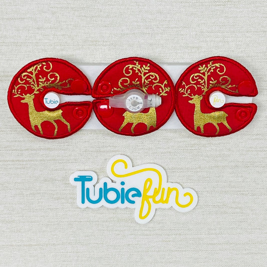 G-Tube Button Pad Cover - Gold Reindeer on Red