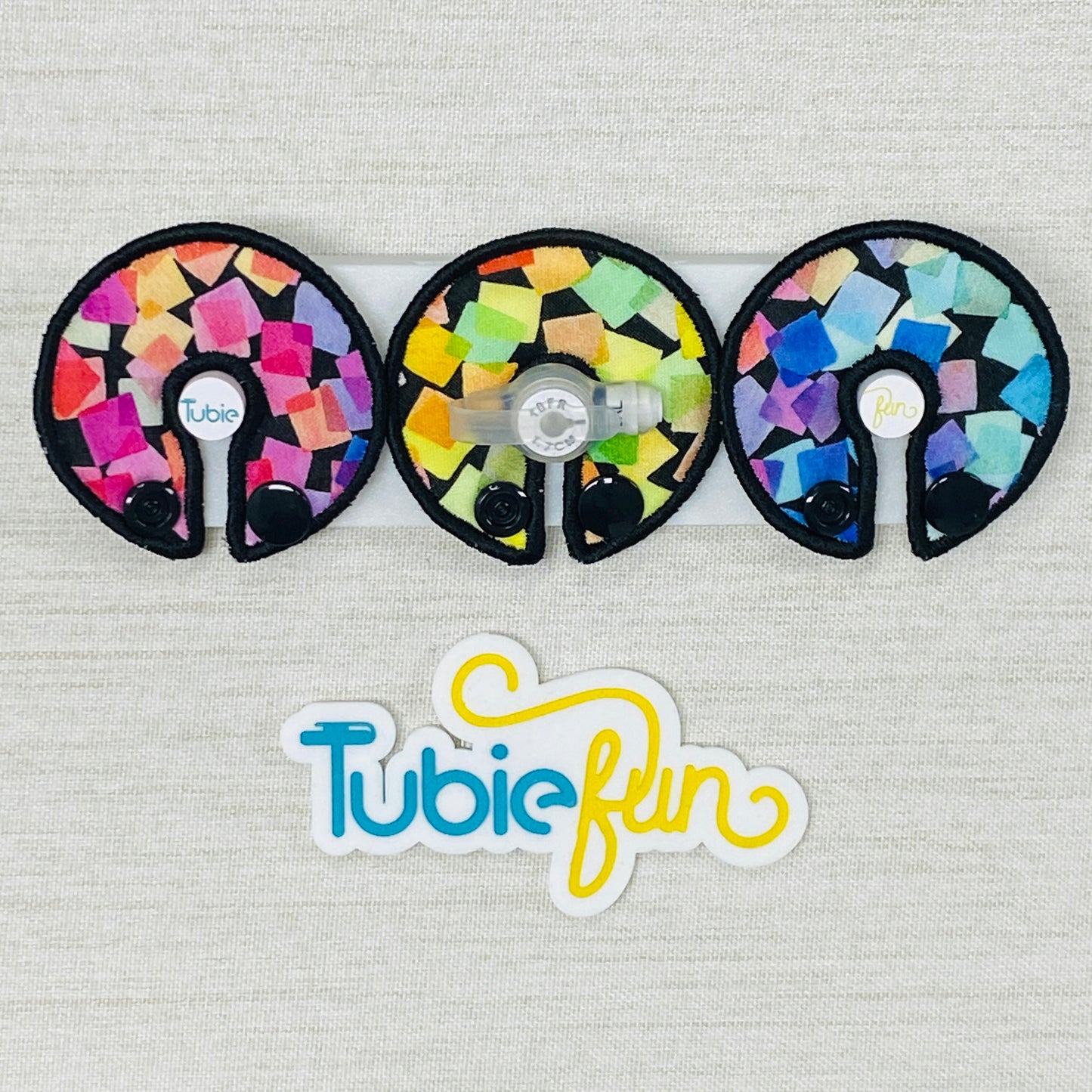 G-Tube Button Pad Cover - Coloured Shapes on Black