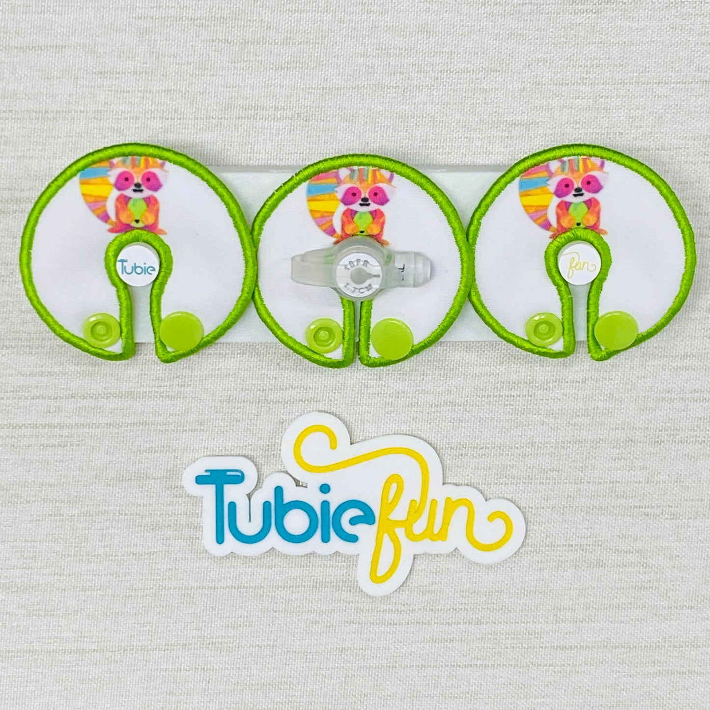 G-Tube Button Pad Cover - Kasey Rainbow Remi the Racoon on Green