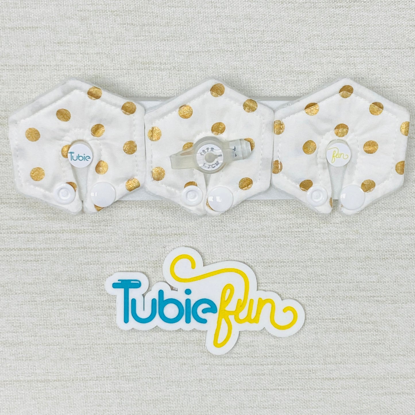 Mini Hexagon G-Tube Button Pad Cover - Gold Dots on White