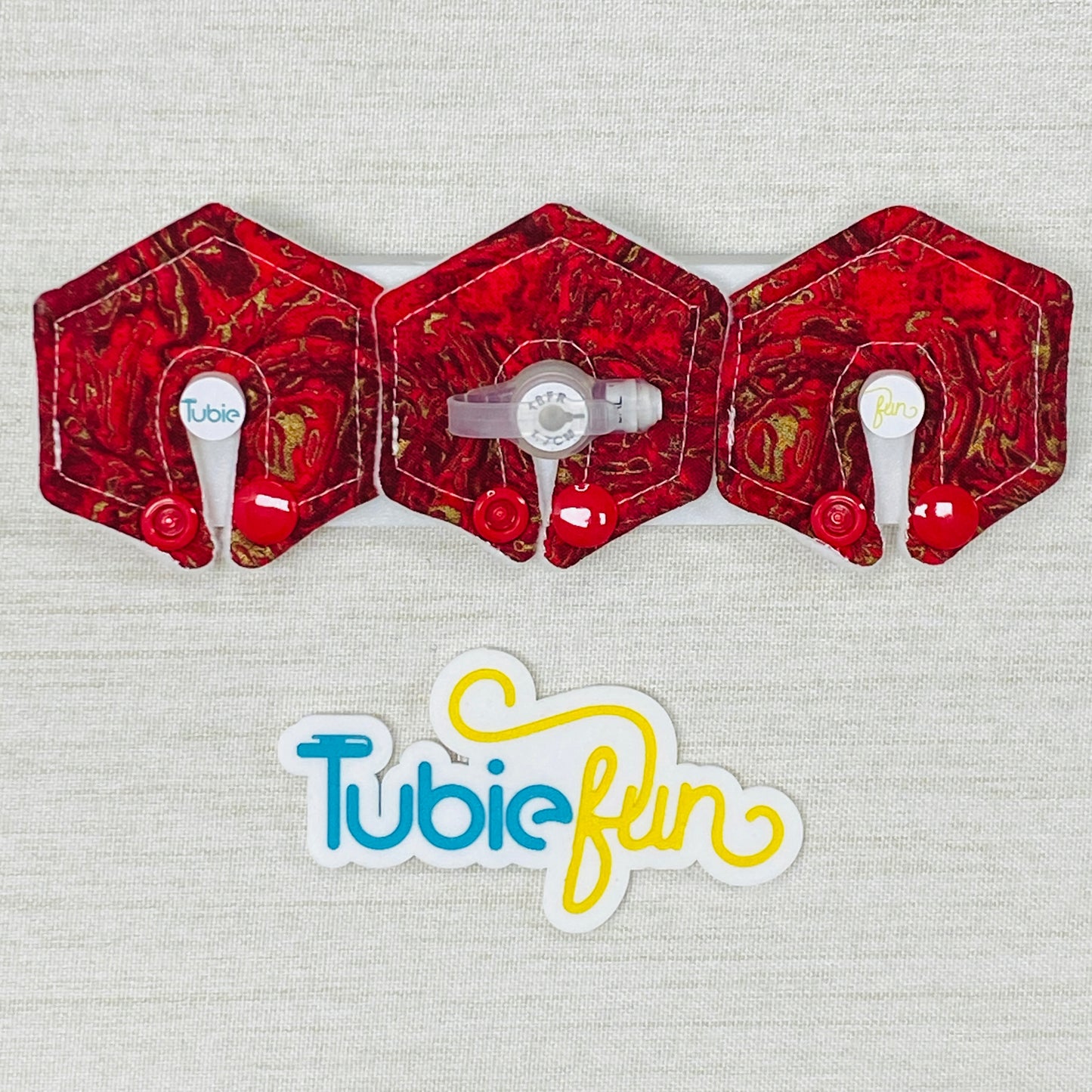 Mini Hexagon G-Tube Button Pad Cover - Gold Swirl on Red