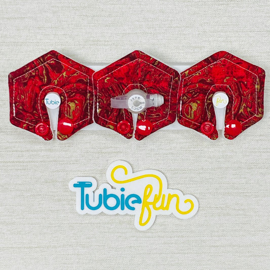Mini Hexagon G-Tube Button Pad Cover - Gold Swirl on Red