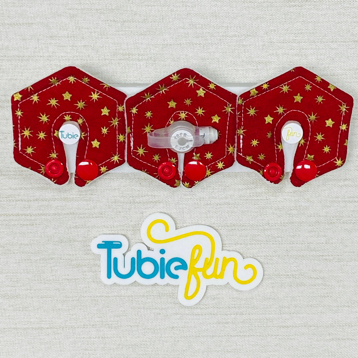 Mini Hexagon G-Tube Button Pad Cover - Gold Stars on Red – Tubie Fun