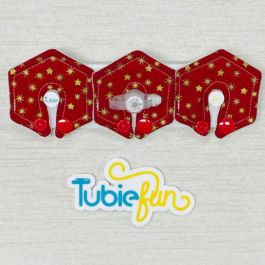 Mini Hexagon G-Tube Button Pad Cover - Gold Stars on Red