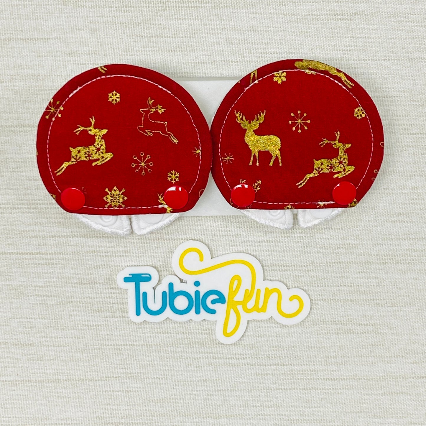 Covered Button Pad - Gold Reindeers on Red