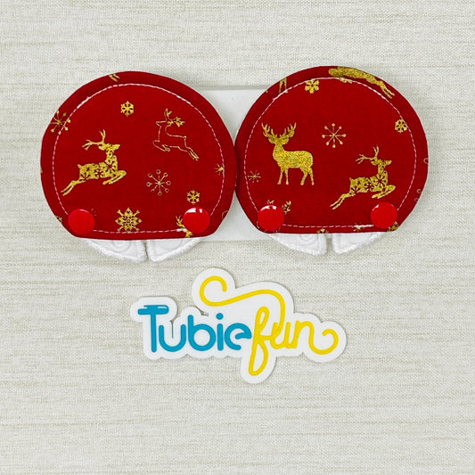 Covered Button Pad - Gold Reindeers on Red