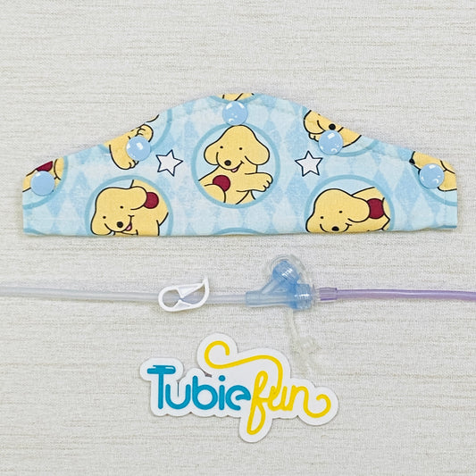 Large Feeding Tube Connection Cover - Dogs on Light Blue