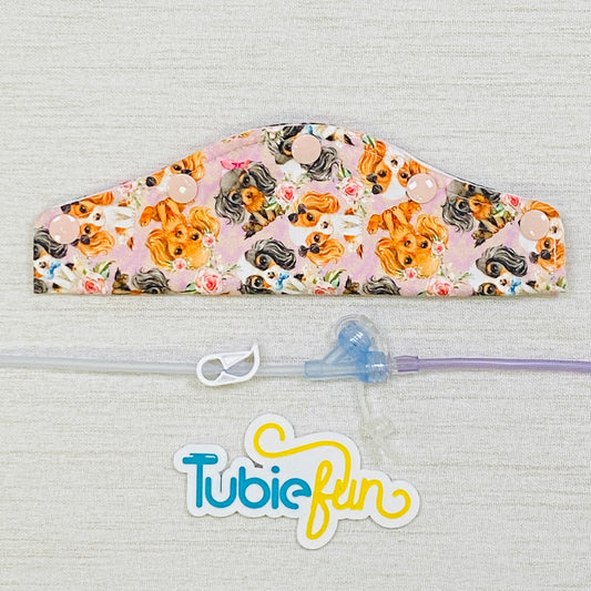 Large Feeding Tube Connection Cover - Dogs on Pink