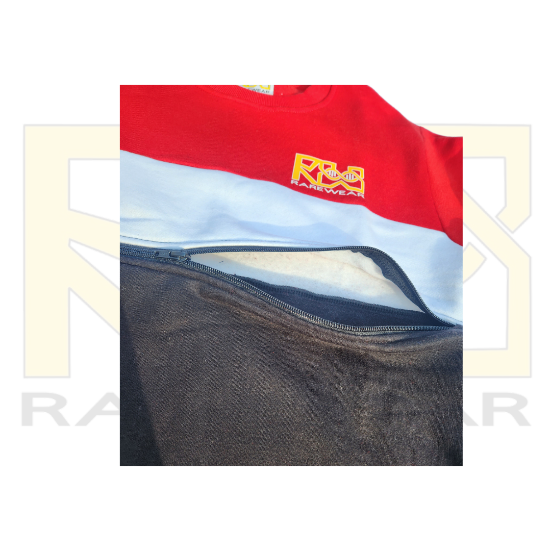 Red white and black jumper with adaptive zip for feeding tube half open