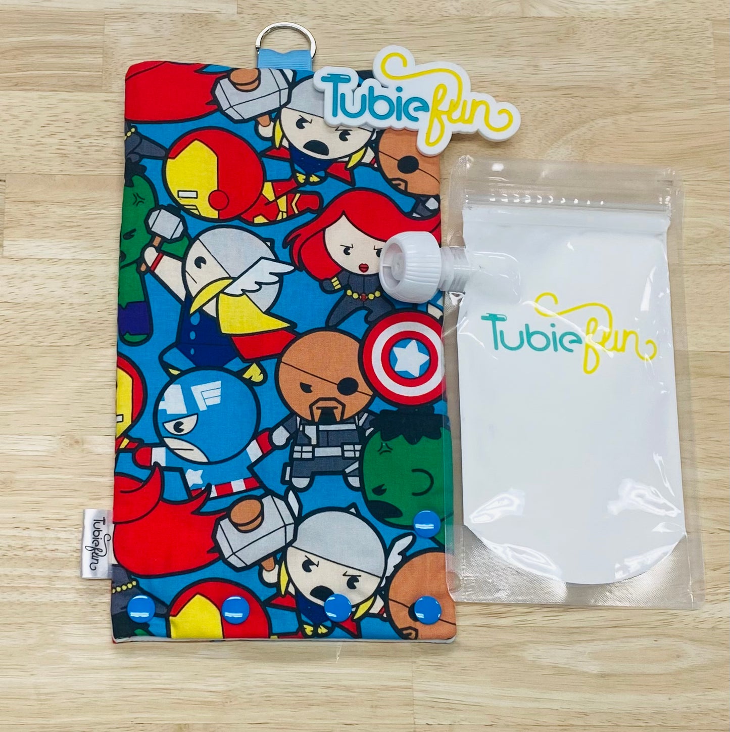 Insulated Milk Bag Suitable for Tubie Fun 500ml Reusable Pouches - Comic Heroes on Blue