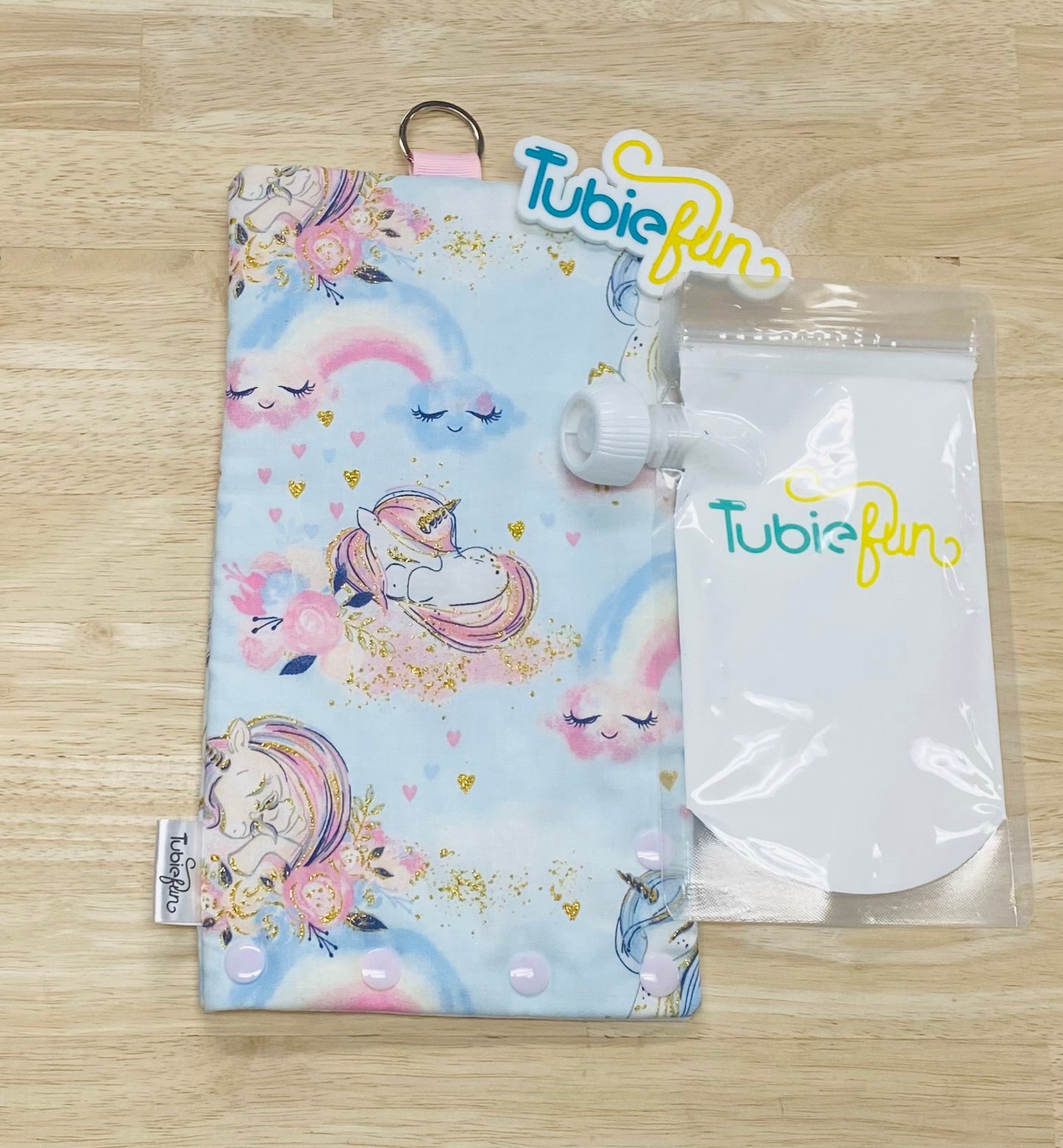 Insulated Milk Bag Suitable for Tubie Fun 500ml Reusable Pouches - Unicorns with gold glitter