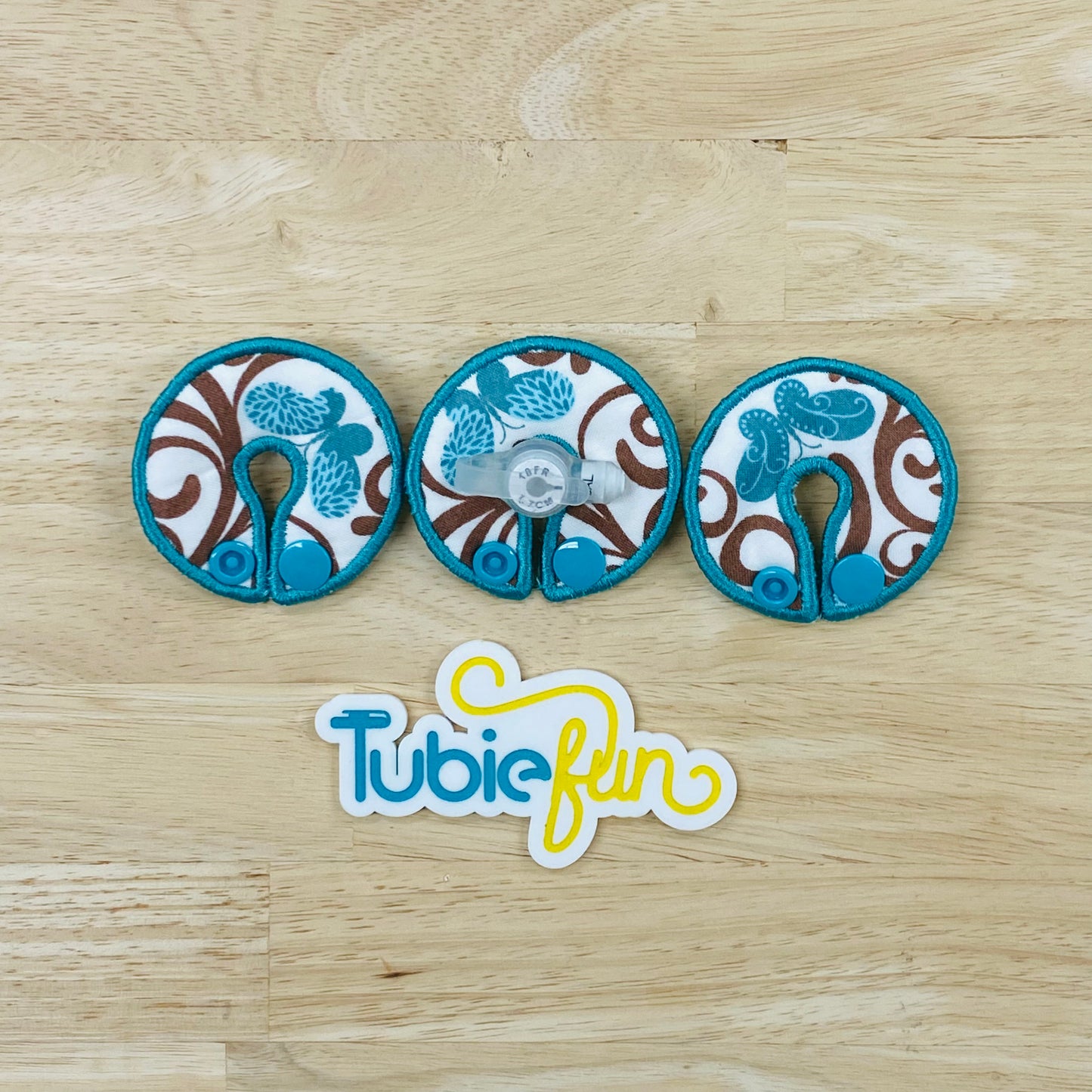G-Tube Button Pad Cover - Teal Butterflies and Brown Swirls