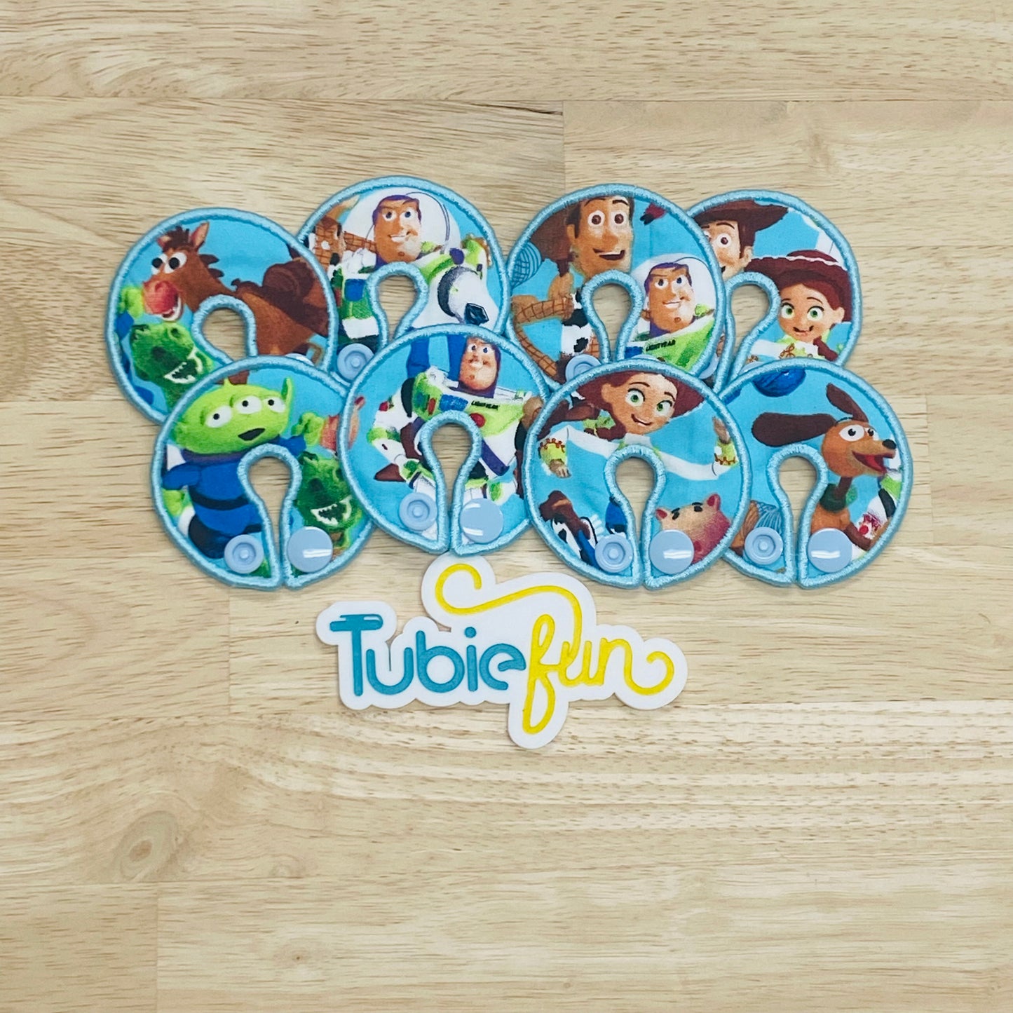 G-Tube Button Pad Cover - Toy Characters on Blue