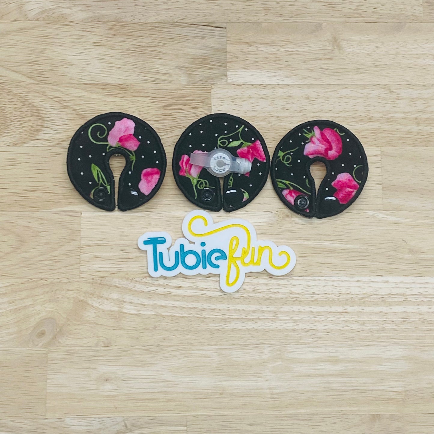 G-Tube Button Pad Cover - Pink Roses on Black