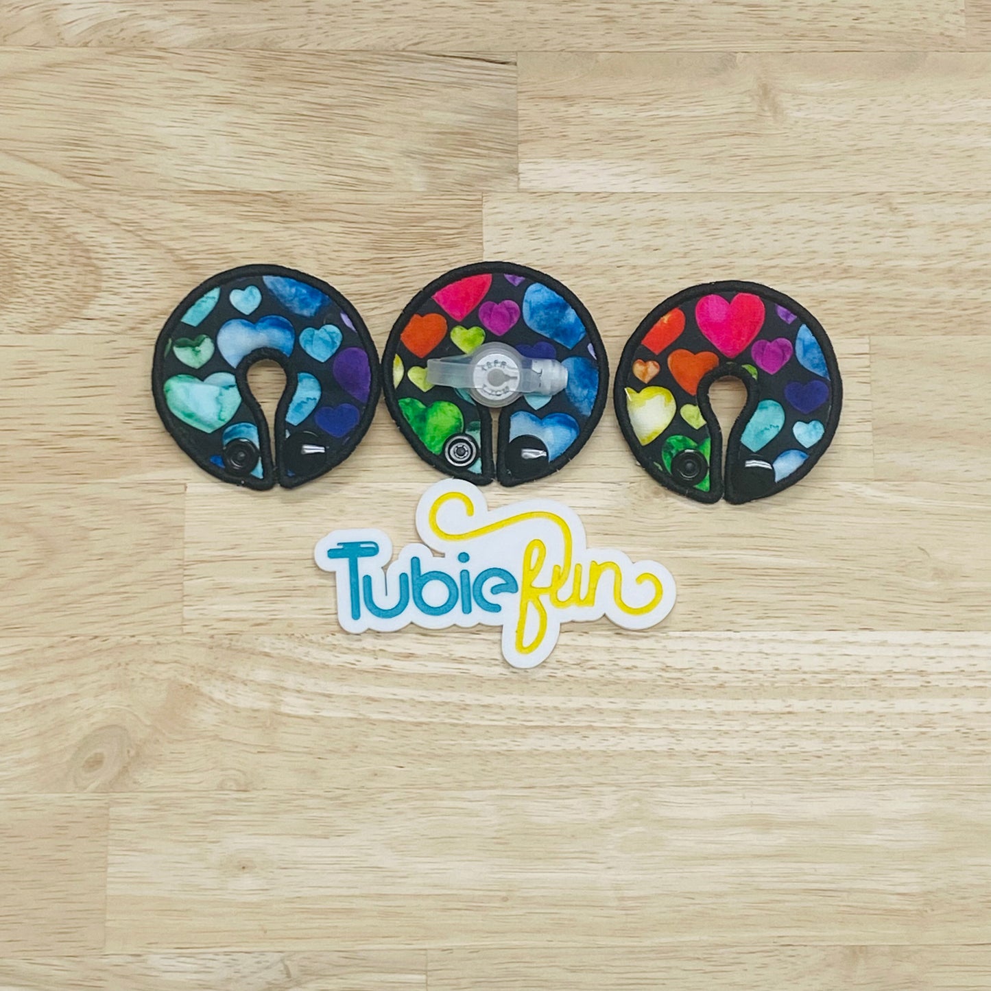 G-Tube Button Pad Cover - Colourful Hearts on Black