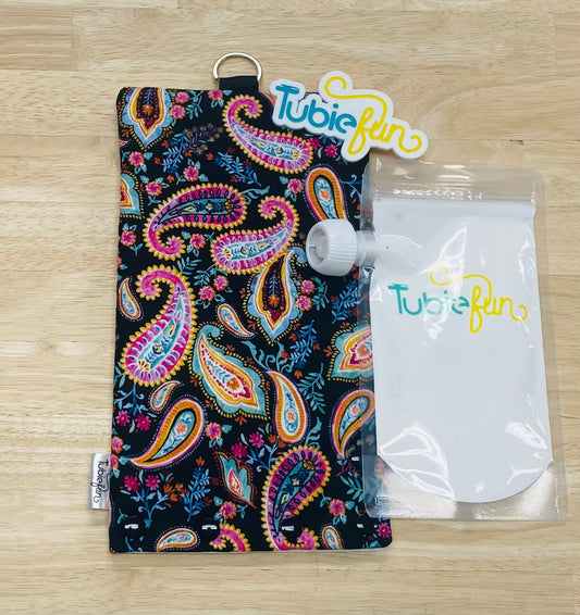 Insulated Milk Bag Suitable for Tubie Fun 500ml Reusable Pouches - Colourful Leaves on Black
