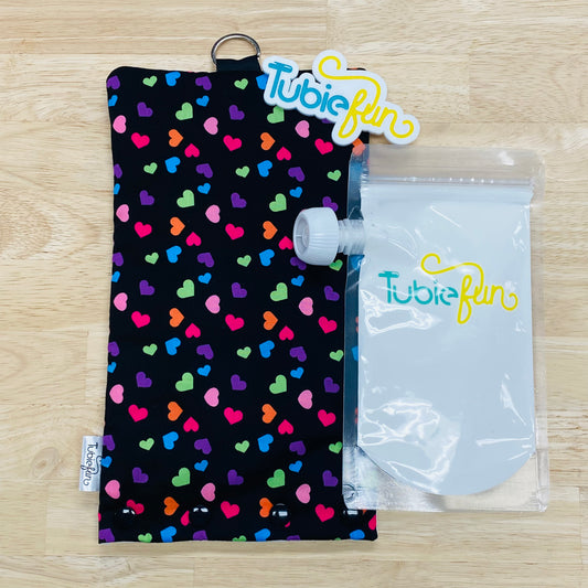 Insulated Milk Bag Suitable for Tubie Fun 500ml Reusable Pouches - Coloured Hearts on Black