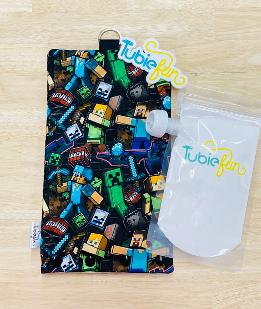 NEW Insulated Milk Bag Suitable for Tubie Fun 500ml Reusable Pouches - Mining Characters on Black
