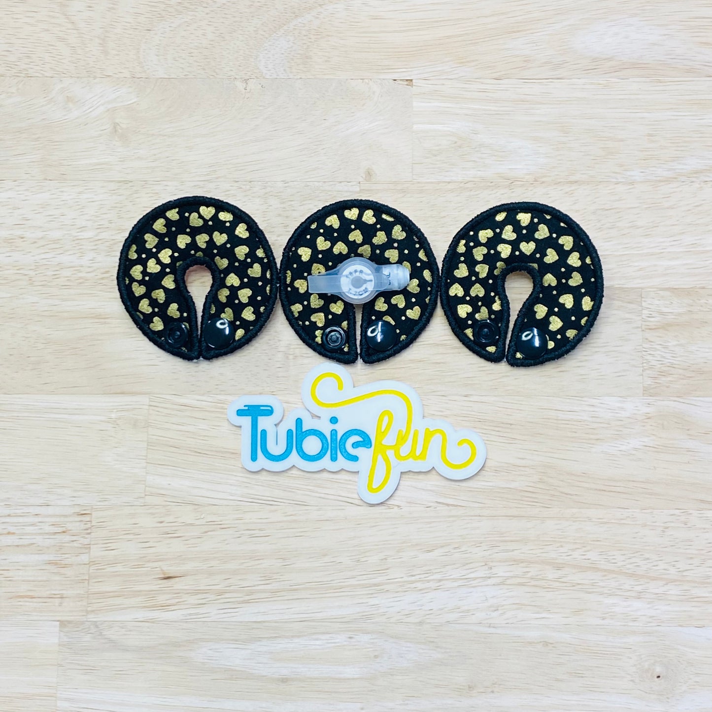 G-Tube Button Pad Cover -  Gold Hearts on Black