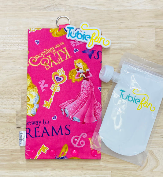 NEW Insulated Milk Bag Suitable for Tubie Fun 500ml Reusable Pouches - Princesses on Dark Pink
