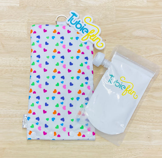 NEW Insulated Milk Bag Suitable for Tubie Fun 500ml Reusable Pouches - Coloured Hearts on White