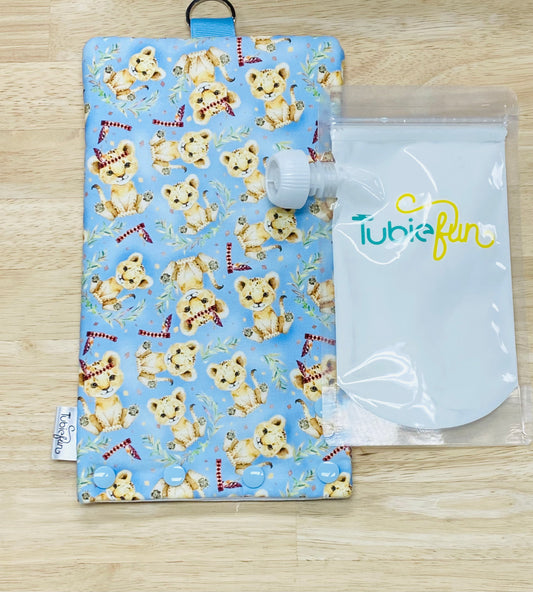 Insulated Milk Bag Suitable for Tubie Fun 500ml Reusable Pouches - Baby Tigers on blue