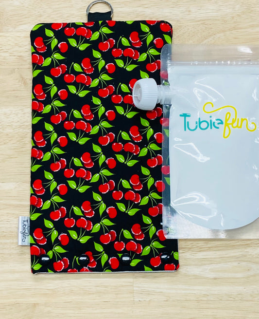 Insulated Milk Bag Suitable for Tubie Fun 500ml Reusable Pouches - Cherries on Black