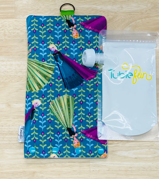Insulated Milk Bag Suitable for Tubie Fun 500ml Reusable Pouches - Ice Princesses on Green