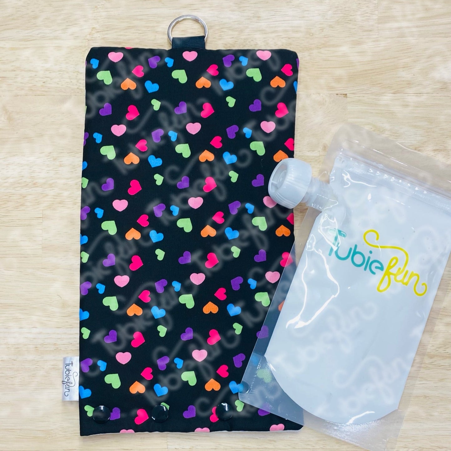NEW Insulated Milk Bag Suitable for Tubie Fun 500ml Reusable Pouches - Coloured Hearts on Black